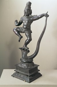 Yılanı boyun eğdiren bir çocuk olarak Krishna Kalilya, Madras, 16.-17. yüzyıl (bronz)
